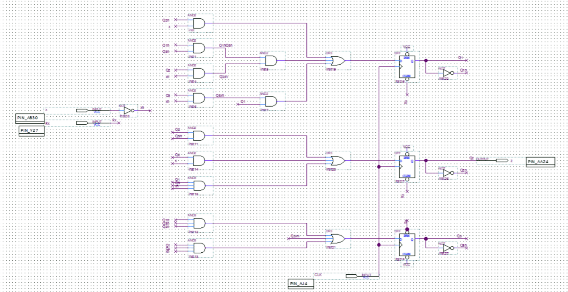 Quartus schematic for the Moore FSM sequence detector circuit